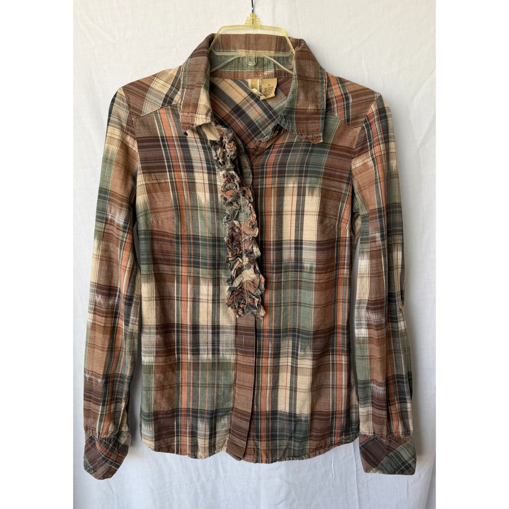 BKE 100% Cotton Plaid Ruffle Button Down Brown Ikat Western Long Sleeve Small